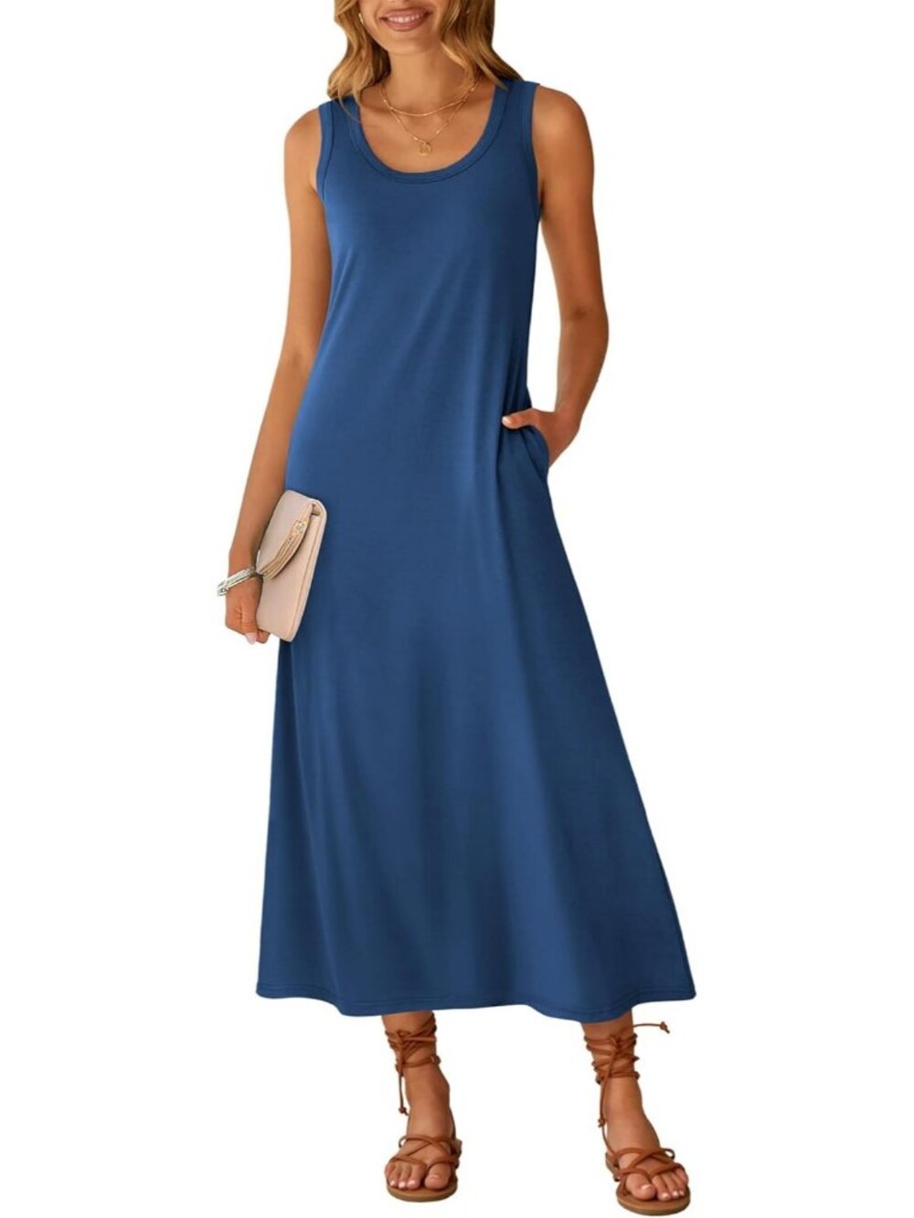 Women's Blue Scoop Neck Sleeveless Long Tank Maxi Dress Summer Sundress
